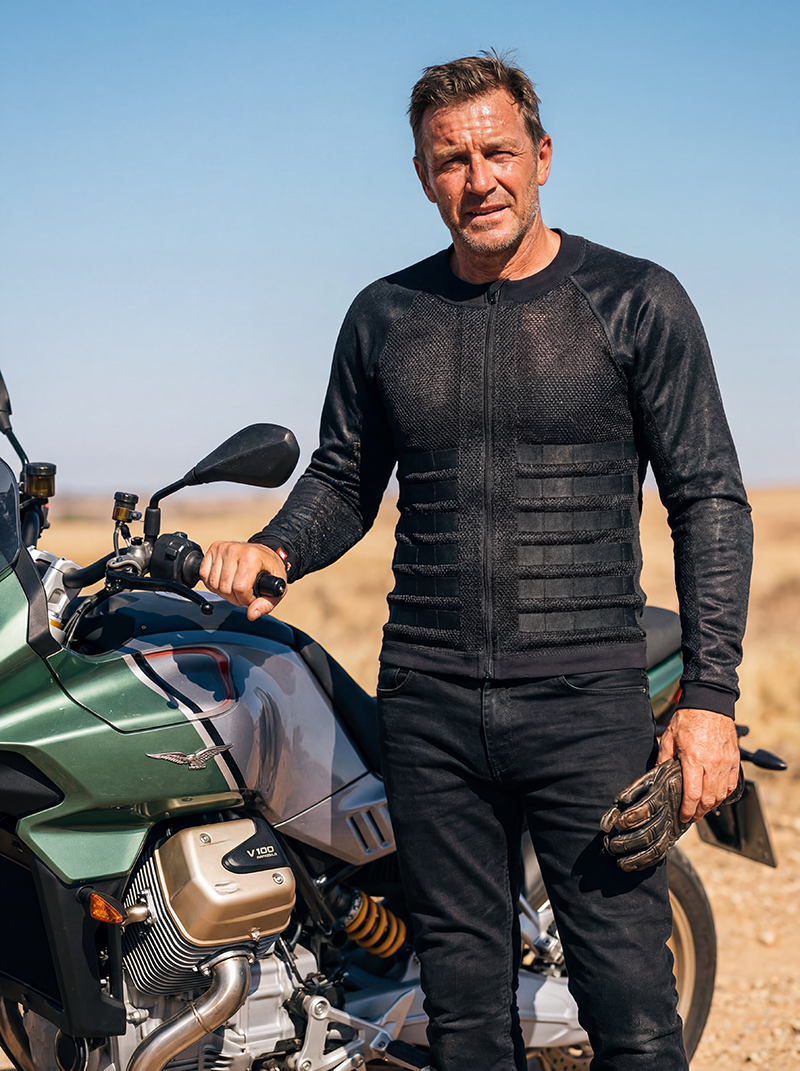 Guy wearing body armour style mesh motorcycle jacket